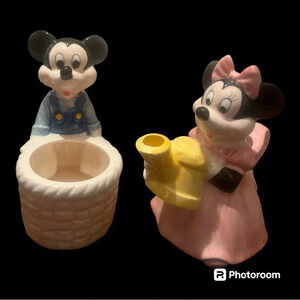 Vintage Mickey & Minni Mouse Ceramic Planter Set